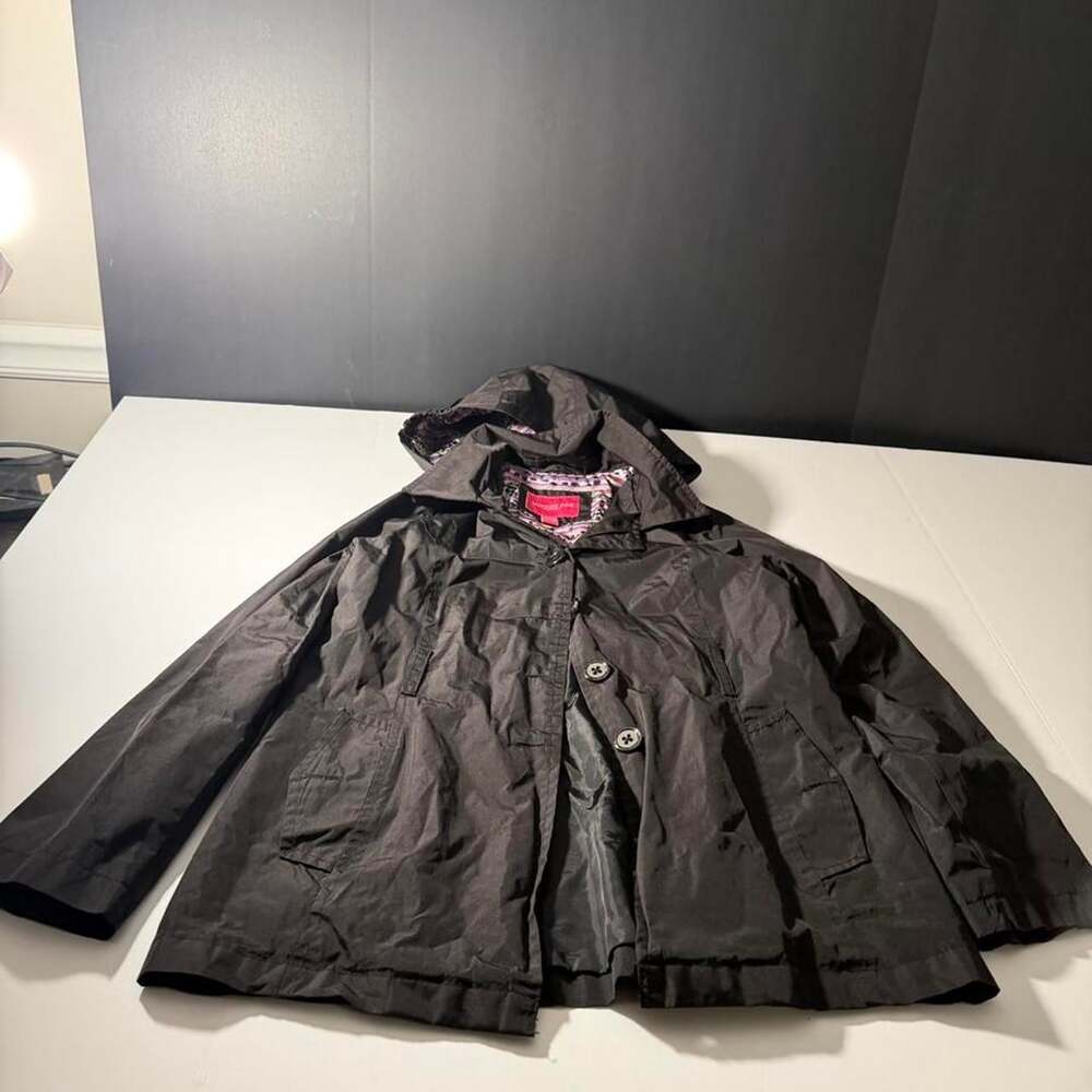 London Fog Hooded Coat Size L/14-16 Black Multicolor Patterned Lining